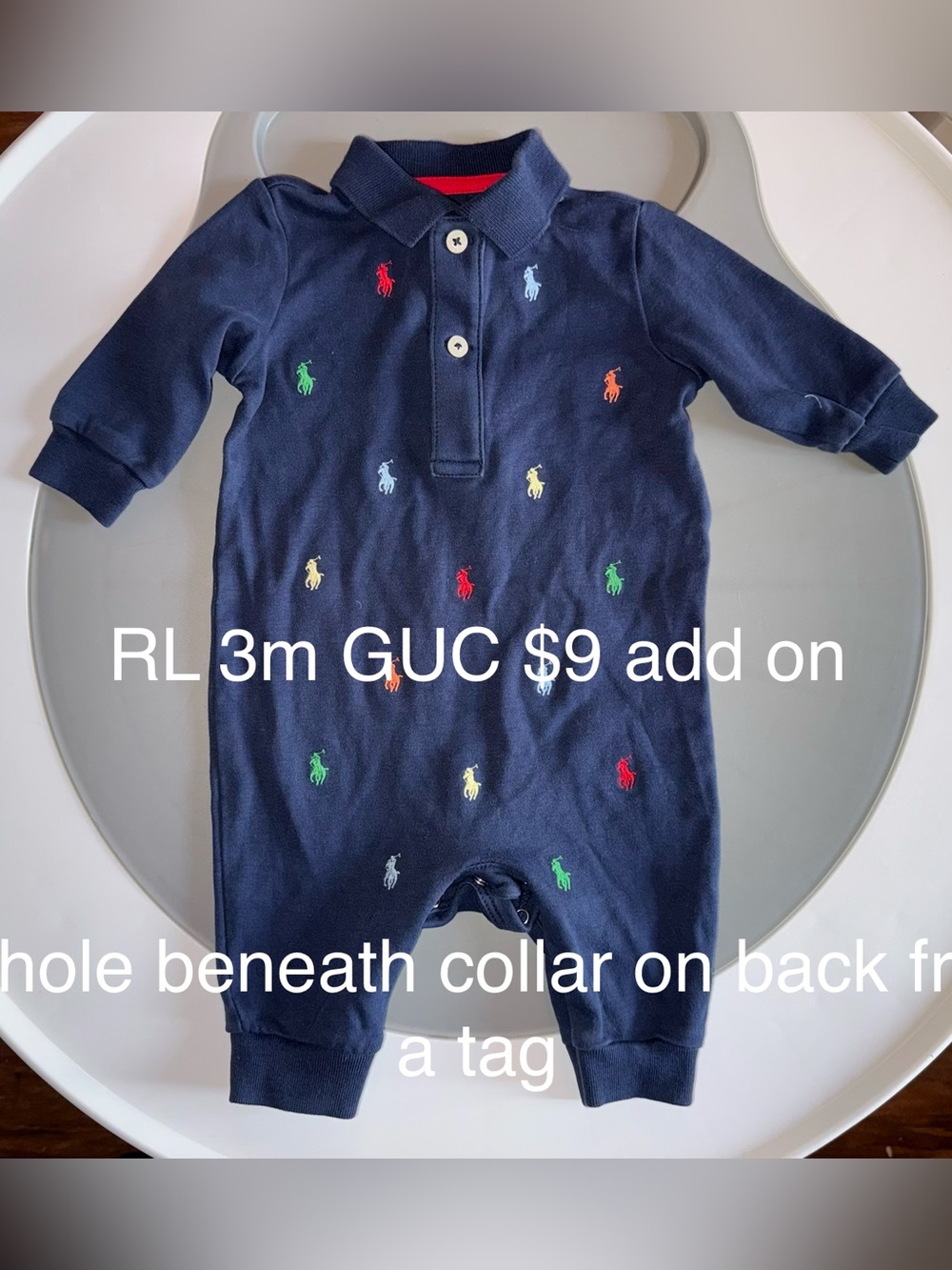 Ralph Lauren Navy Romper with Multicolor Pony Embroidery